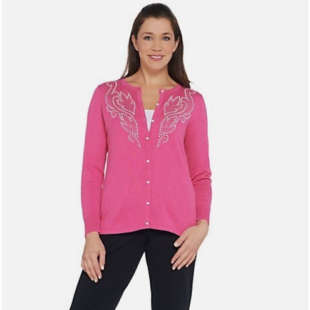 NWT Bob Mackie‎ Scroll Design Pink Pearl Embellished Cardigan Large